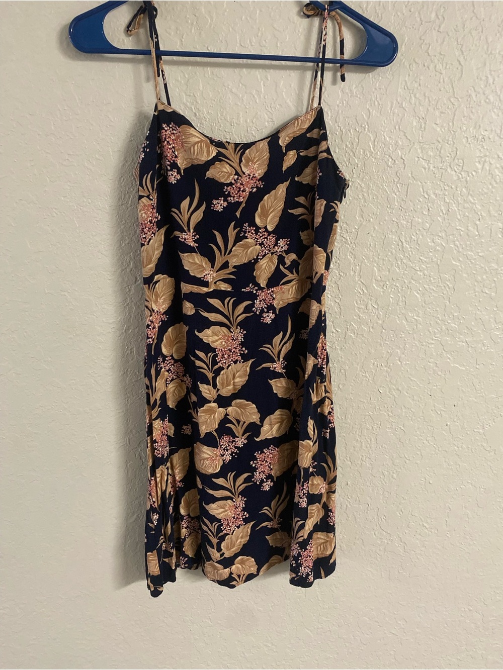 Navy Floral Slip Mini Dress with Beige Leaf Print